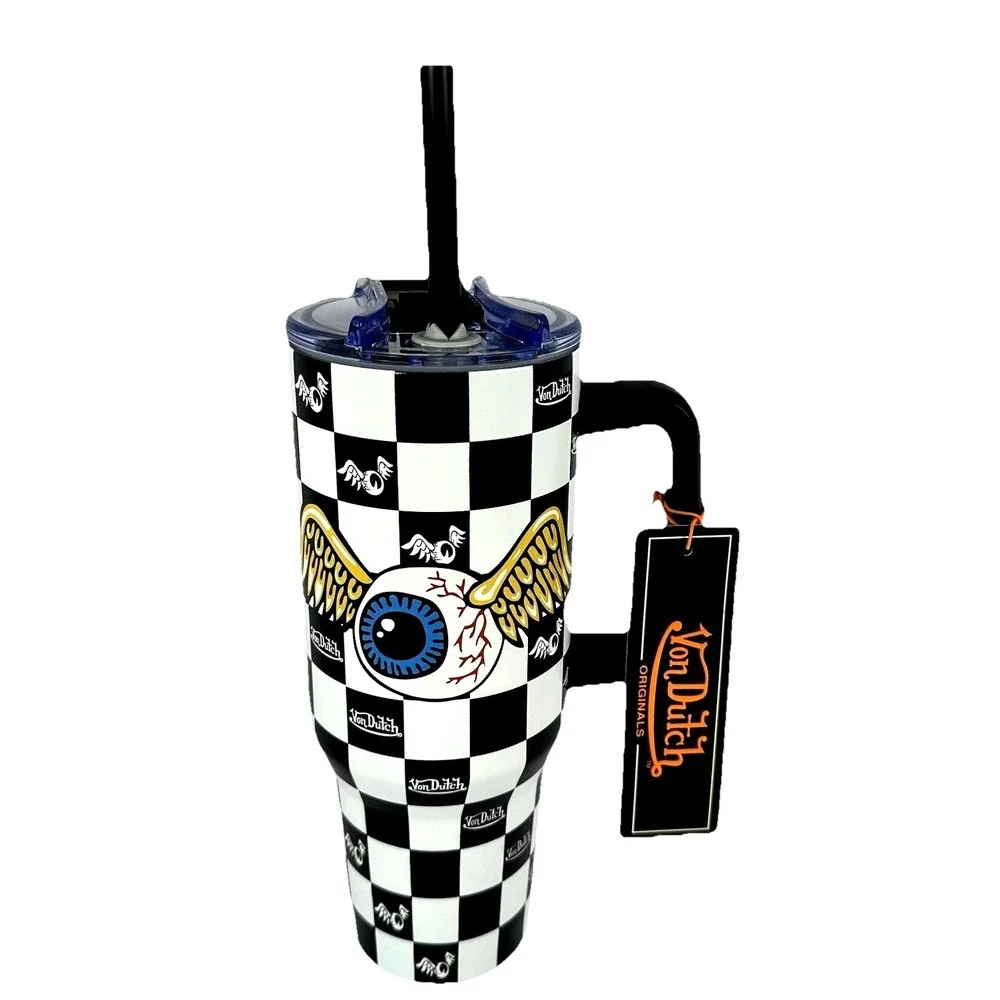 Von Dutch Checker Eyeball Wings 40 oz Tumbler With Handle Straw NWT